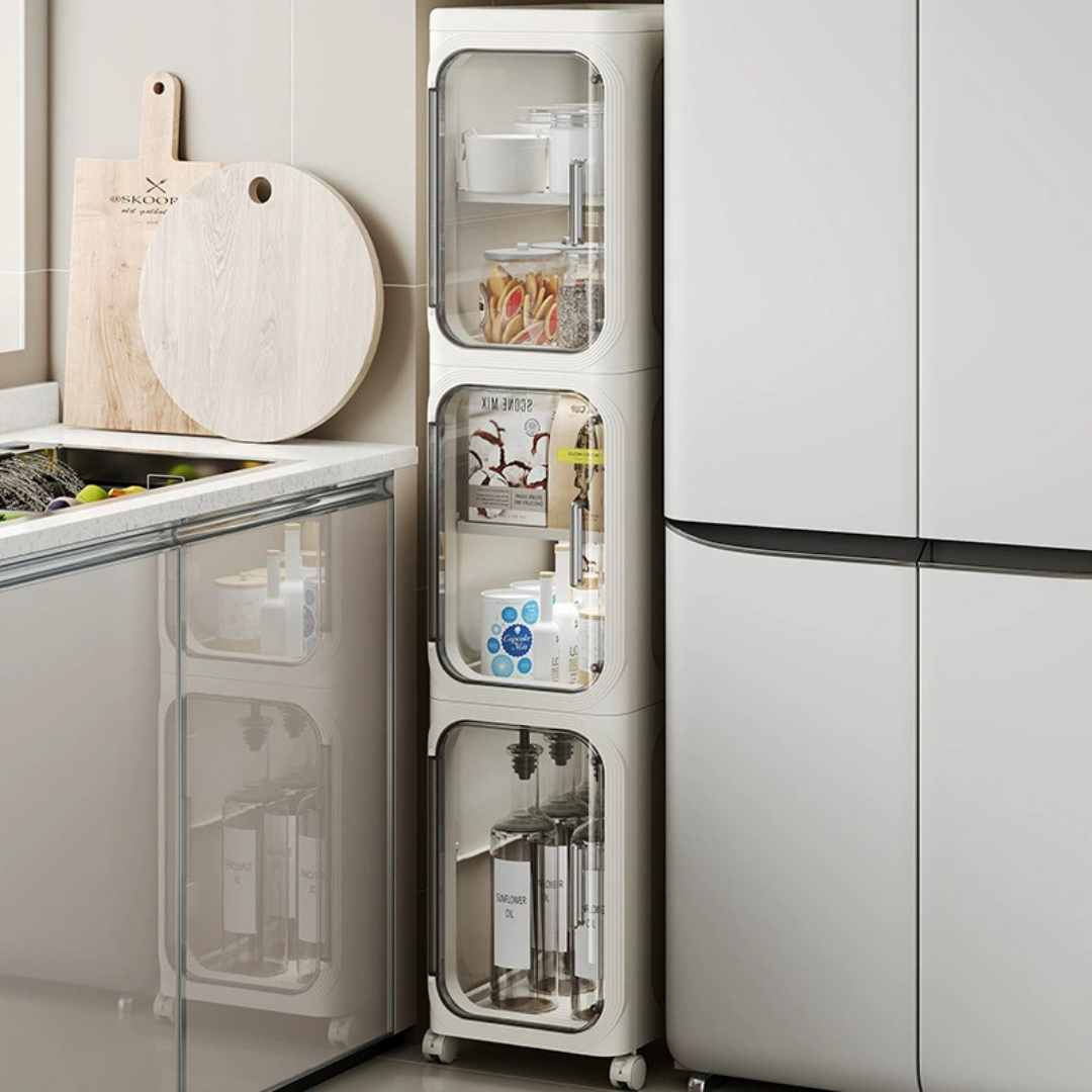 HOMERO Multi-Purpose Transparent Door Slim Storage Cabinet with Wheels