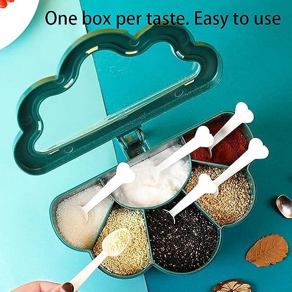 6 Compartment Spice Storage Box with Spoons Transparent Lid