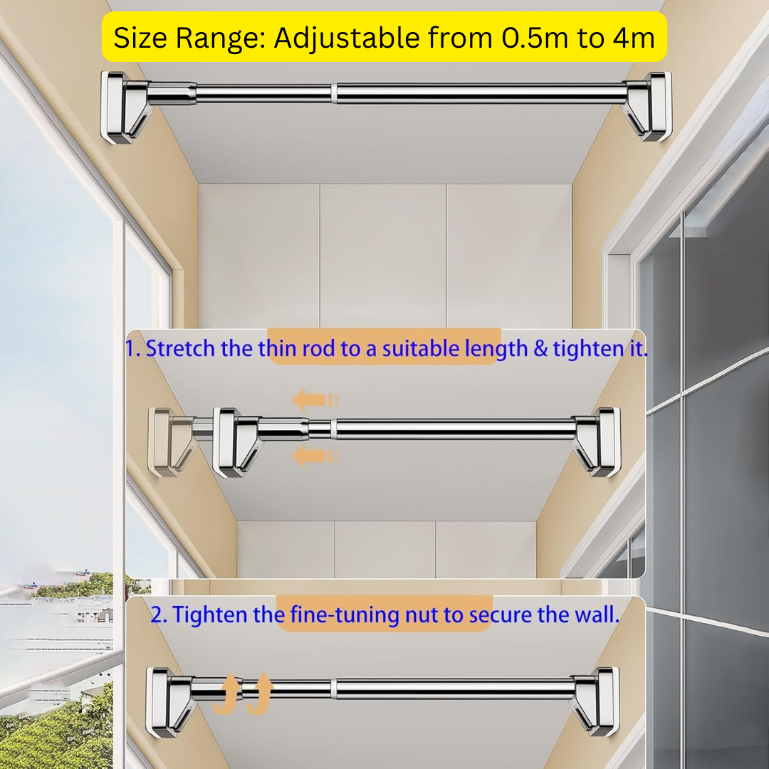 HOMERO Multi-Purpose Stainless Steel Flexible Telescopic Adjustment Rod - 0.5m to 4m