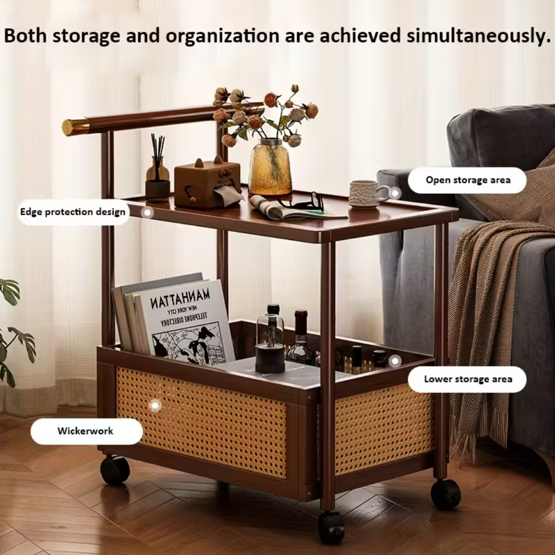Retro Wooden Rolling Side Table Trolley with Lockable Wheels