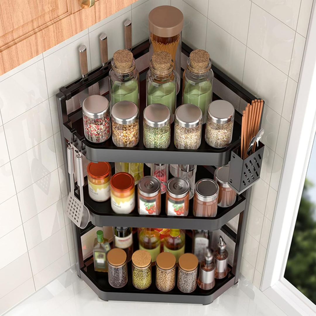 Homero Three-Layer Stainless Steel Kitchen Spice Rack with Safe Knife Slot and Multi-Use Setup