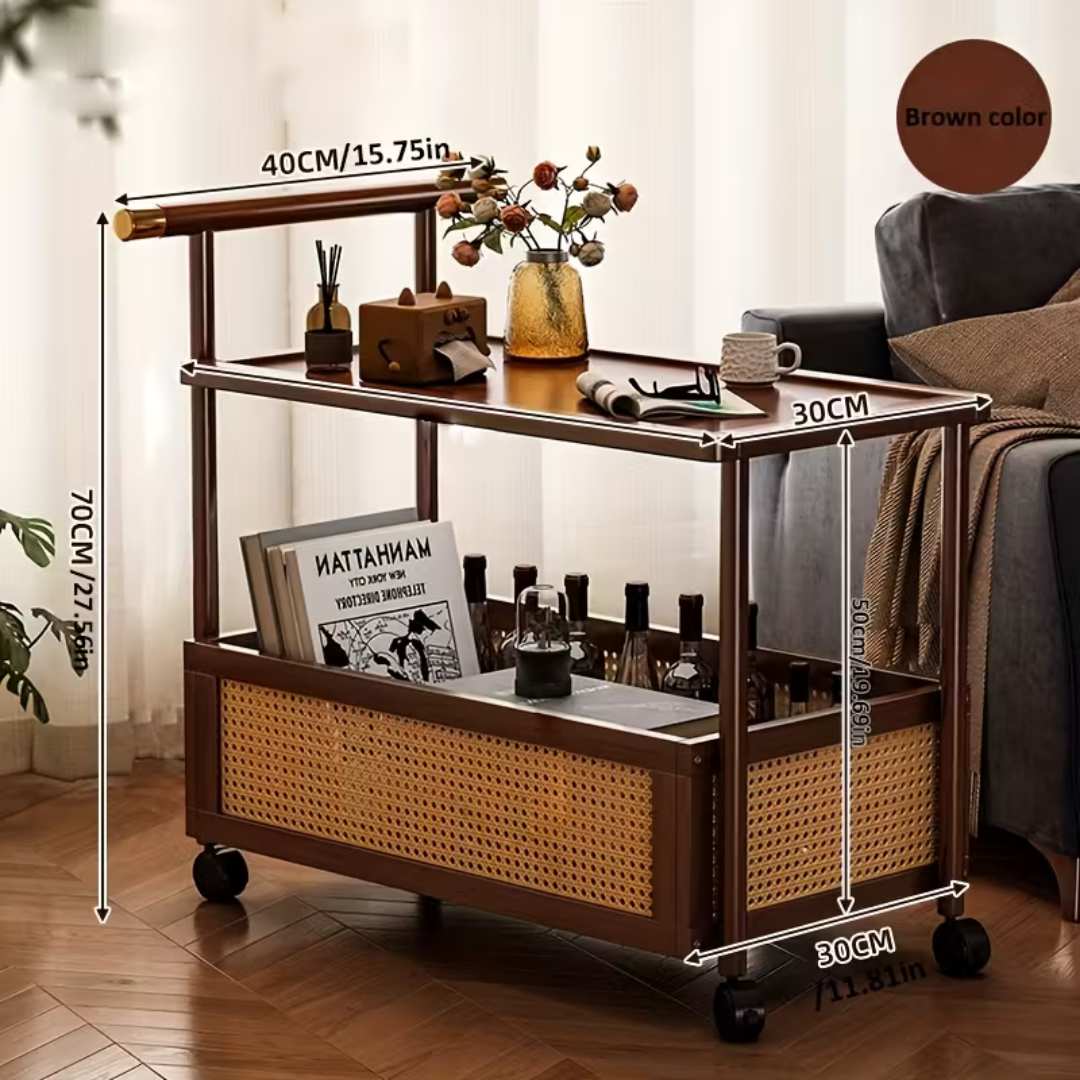 Retro Wooden Rolling Side Table Trolley with Lockable Wheels