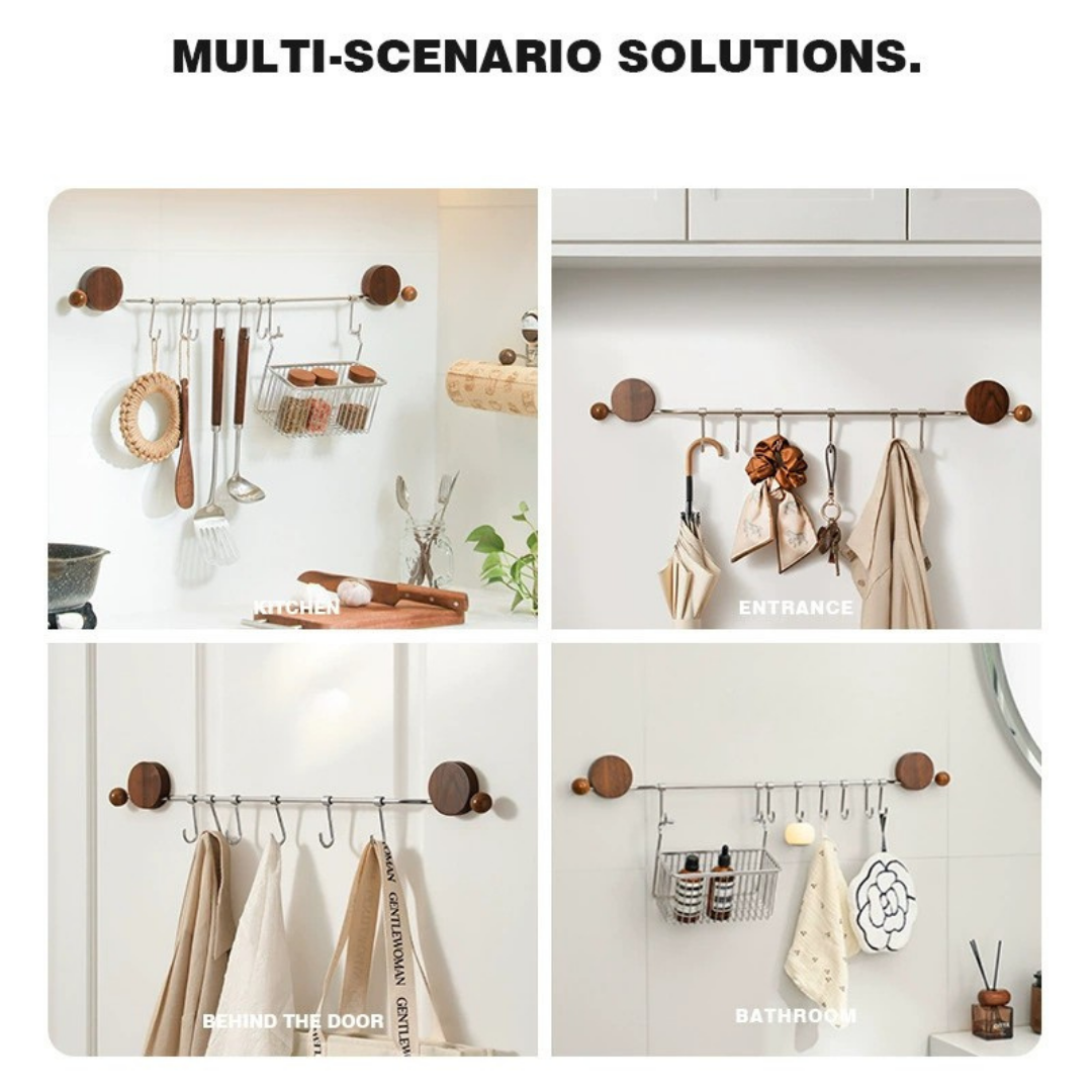 HOMERO Black Walnut Stainless Steel No-Drill Kitchen Organizer with Hooks