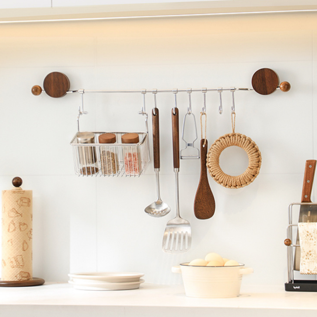 HOMERO Black Walnut Stainless Steel No-Drill Kitchen Organizer with Hooks