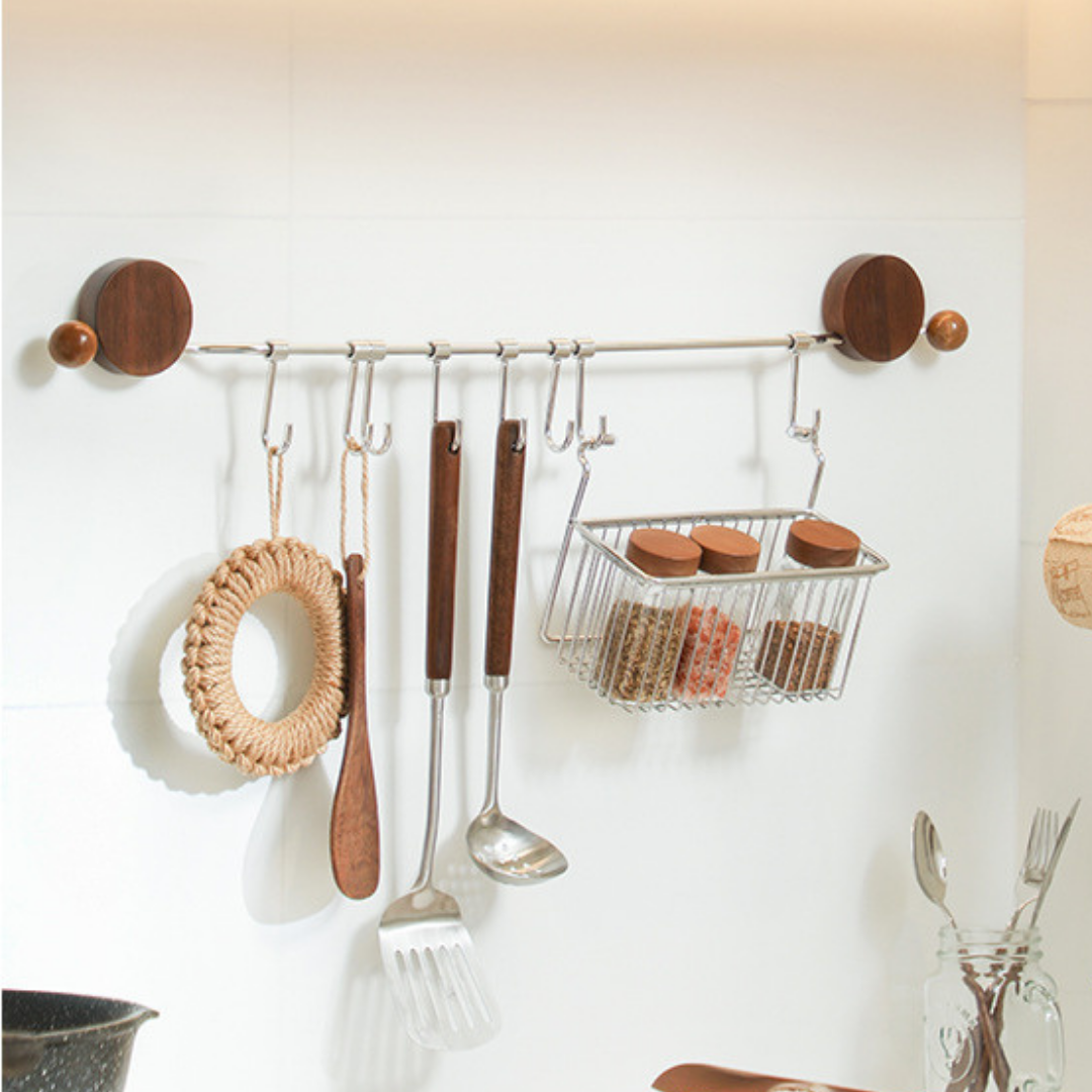 HOMERO Black Walnut Stainless Steel No-Drill Kitchen Organizer with Hooks