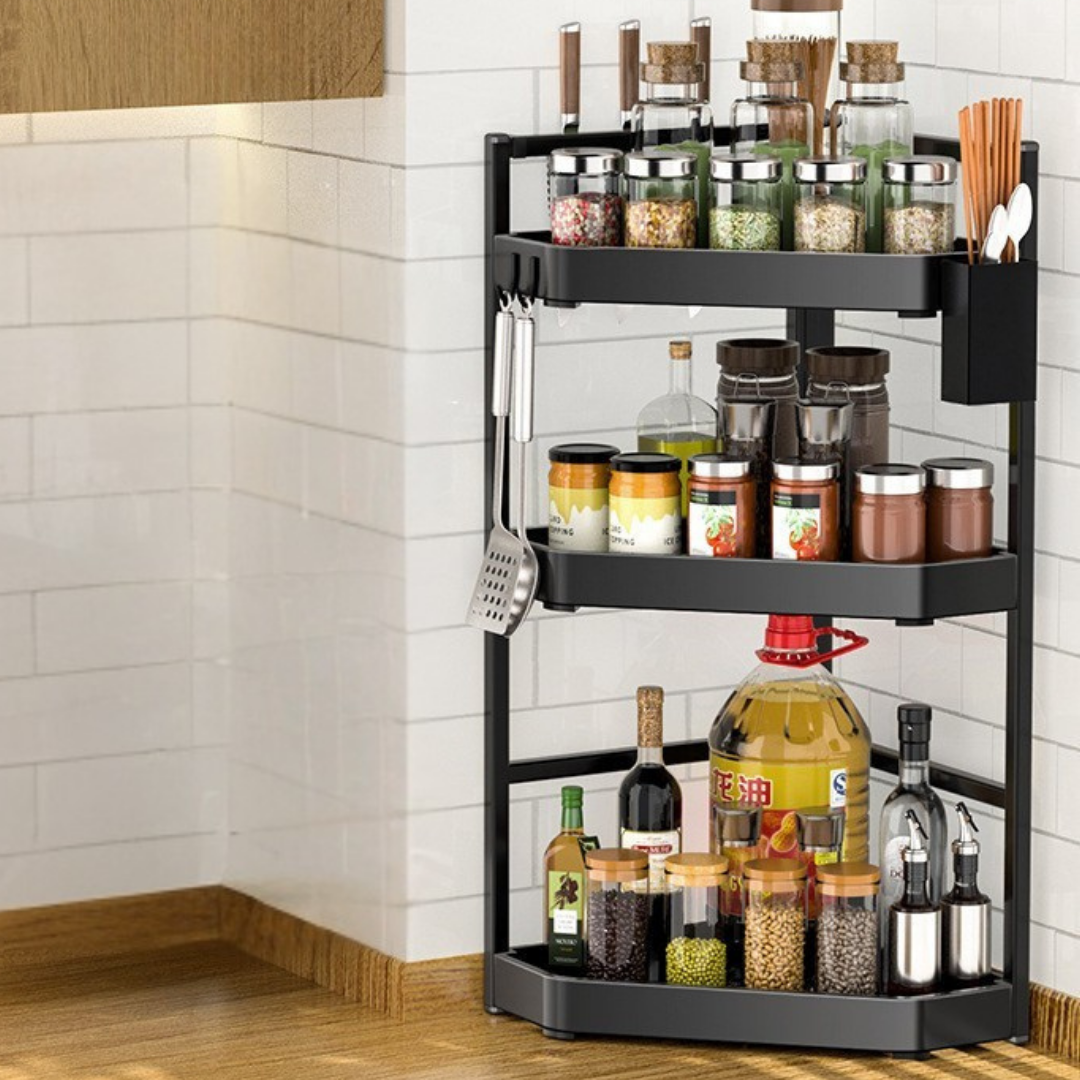 Homero Three-Layer Stainless Steel Kitchen Spice Rack with Safe Knife Slot and Multi-Use Setup