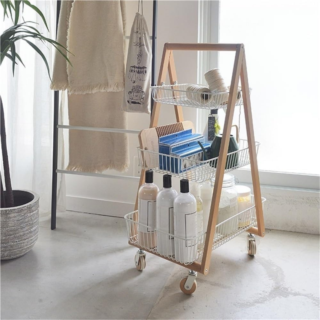 HOMERO 3-Tier Modern Wooden Metal Frame Slim Design Rolling Storage Cart
