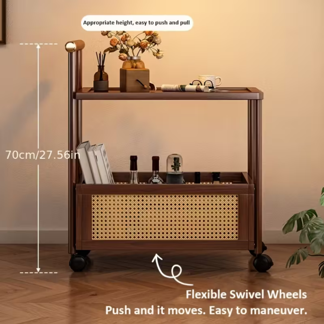 Retro Wooden Rolling Side Table Trolley with Lockable Wheels