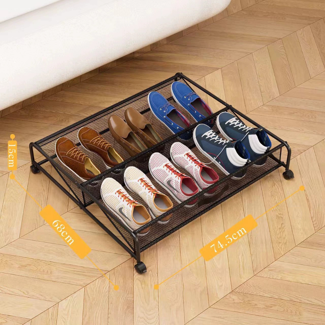HOMERO Under Bed Shoe Storage Rack Metal Mesh Organizer with Rolling Wheels
