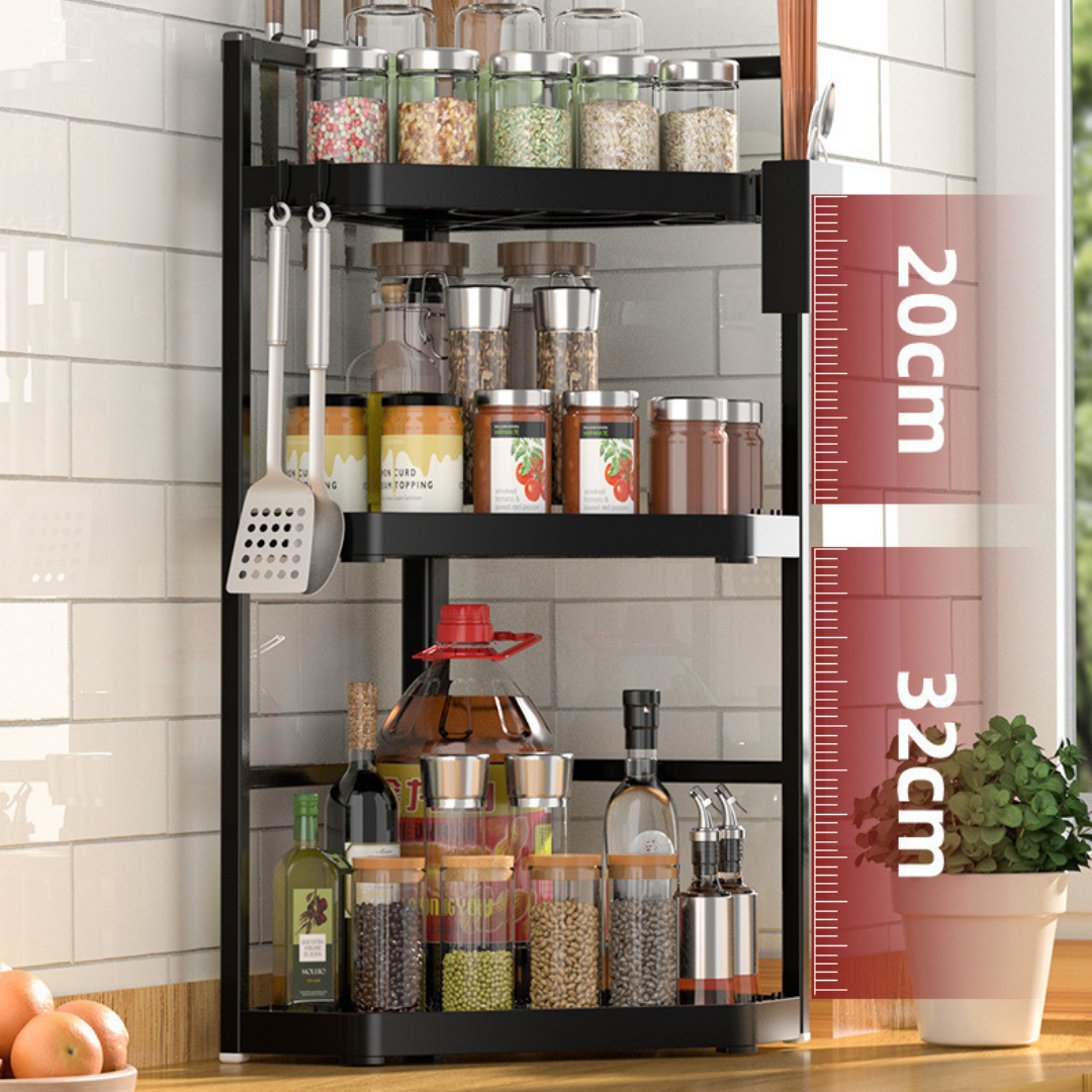 Homero Three-Layer Stainless Steel Kitchen Spice Rack with Safe Knife Slot and Multi-Use Setup
