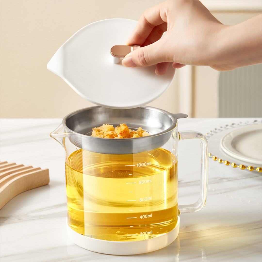 Homero Borosilicate Glass Oil Strainer Pot with Fine Mesh 1 Litre