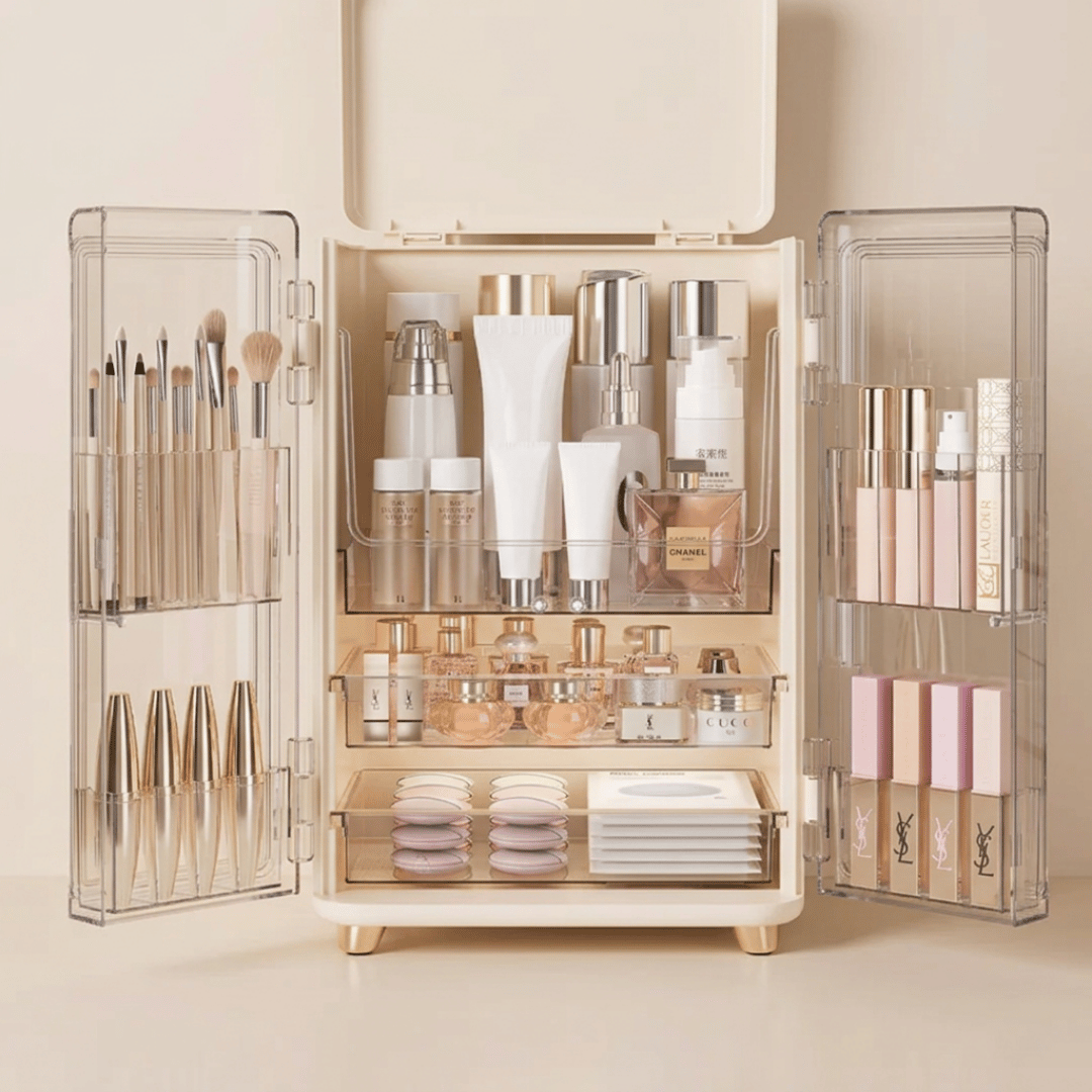 Three Layer Double Door Luxury Cosmetic Storage Organizer