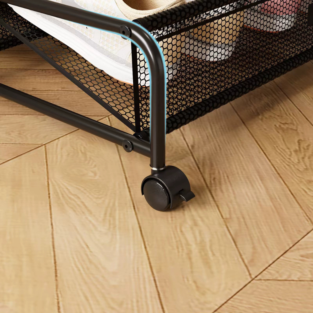 HOMERO Under Bed Shoe Storage Rack Metal Mesh Organizer with Rolling Wheels