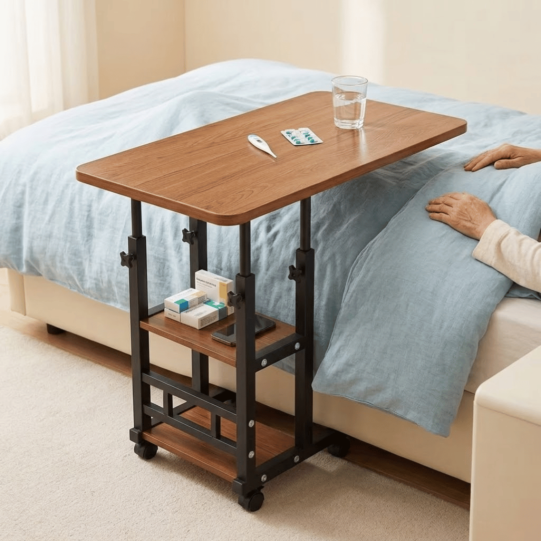 Adjustable C Shape Mobile Laptop Stand Table with Storage Shelves & Wheels