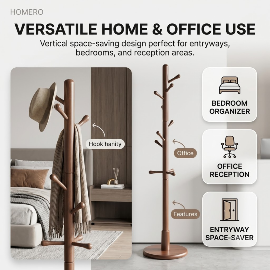 Natural Sheesham Wood Freestanding Coat Rack with Eight Hooks
