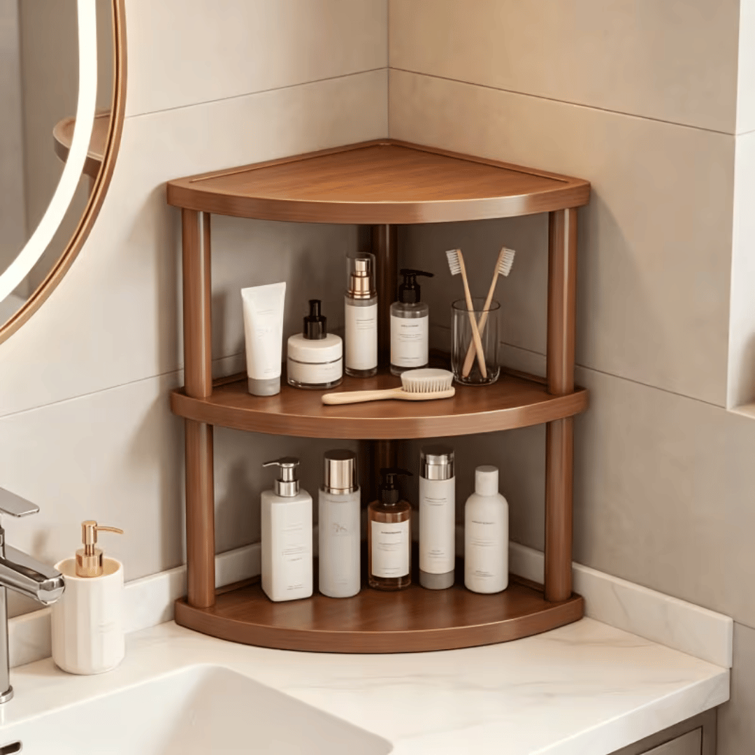 Wooden Corner Display Shelf Space Saving Tabletop Organizer