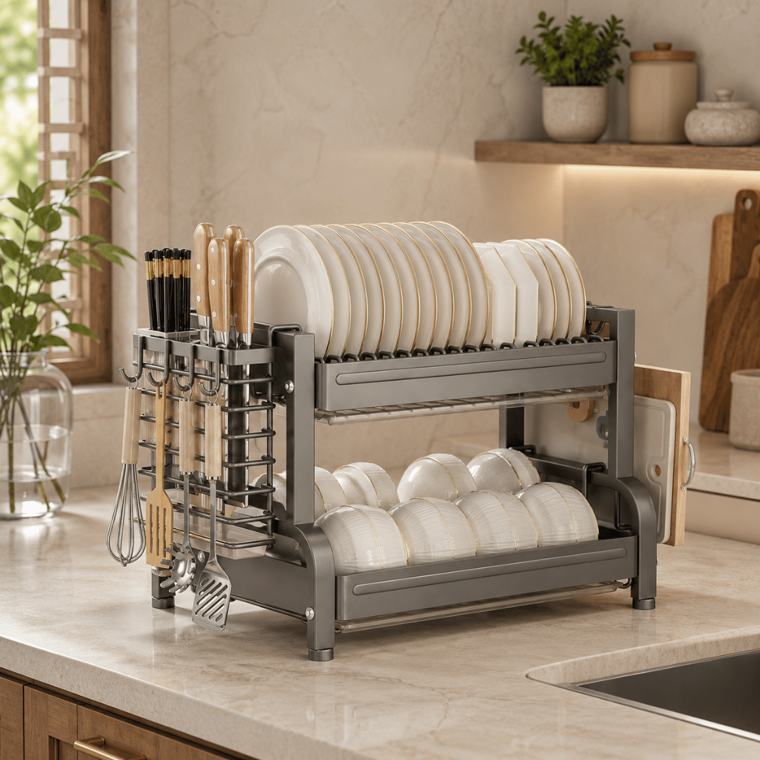 Two Tier Carbon Steel Dish Drying Rack with Knife Holder and Drip Trays