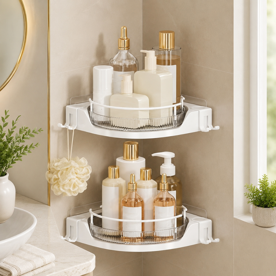 360° Rotating Corner Shower Caddy Space Saving Bathroom Organizer