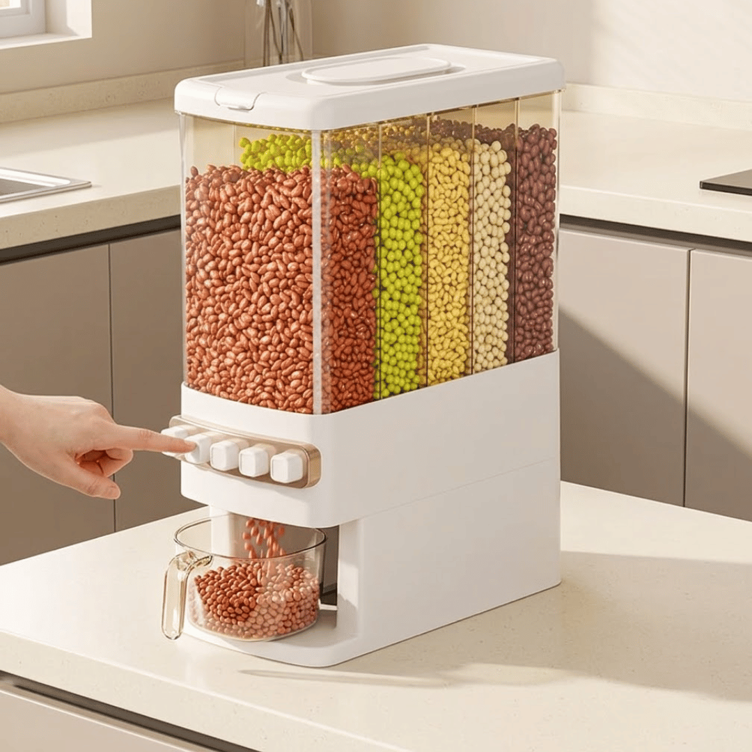 5 Grid Airtight Grain Dispenser with Push Button & Measuring Cup