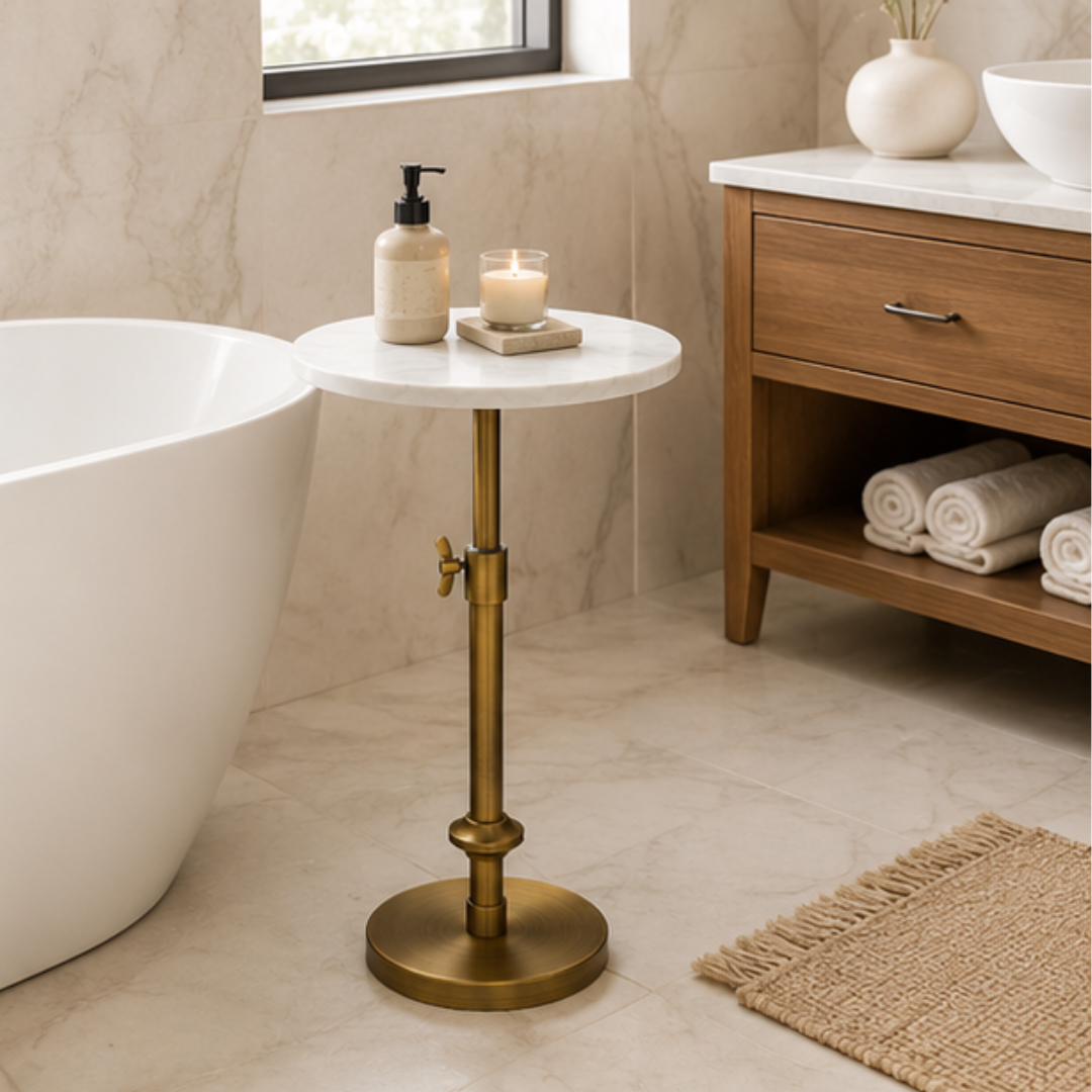 Modern White Marble Side Table With Adjustable Height Antique Brass Base