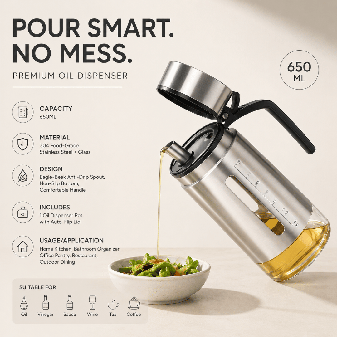 Premium Stainless Steel Oil Dispenser with Auto Flip Lid 650ml