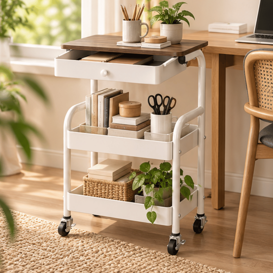 3-Tier Wooden Top Rolling Storage Trolley with Drawer and Wheels