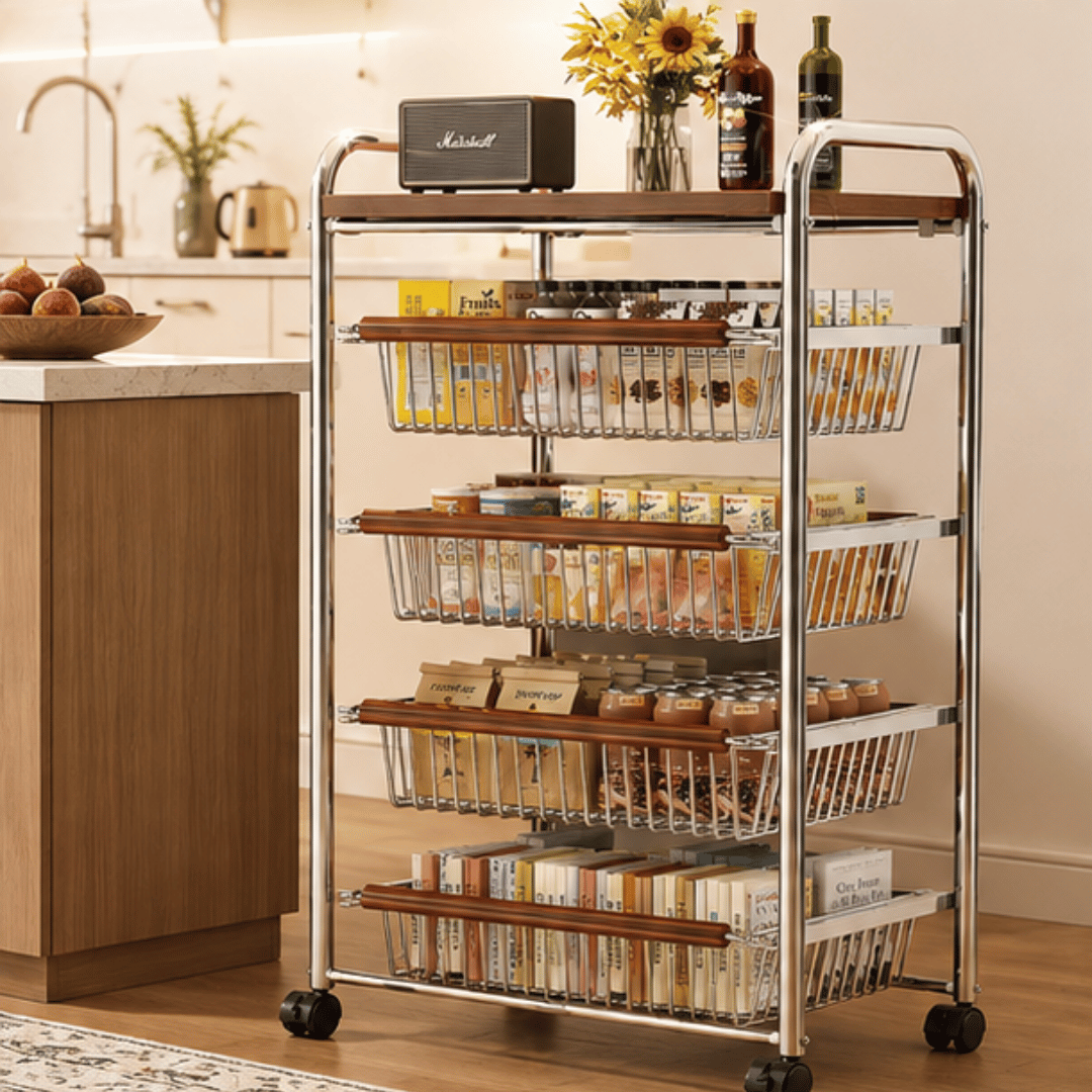 Vintage Multi Layer Storage Trolley with Pull Out Baskets and Detachable Tabletop