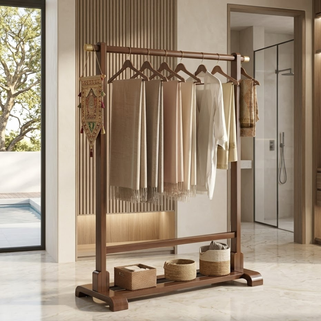 Solid Bamboo Coat Rack Open Wardrobe Organizer Stand With Hanging Rail And Side Hooks