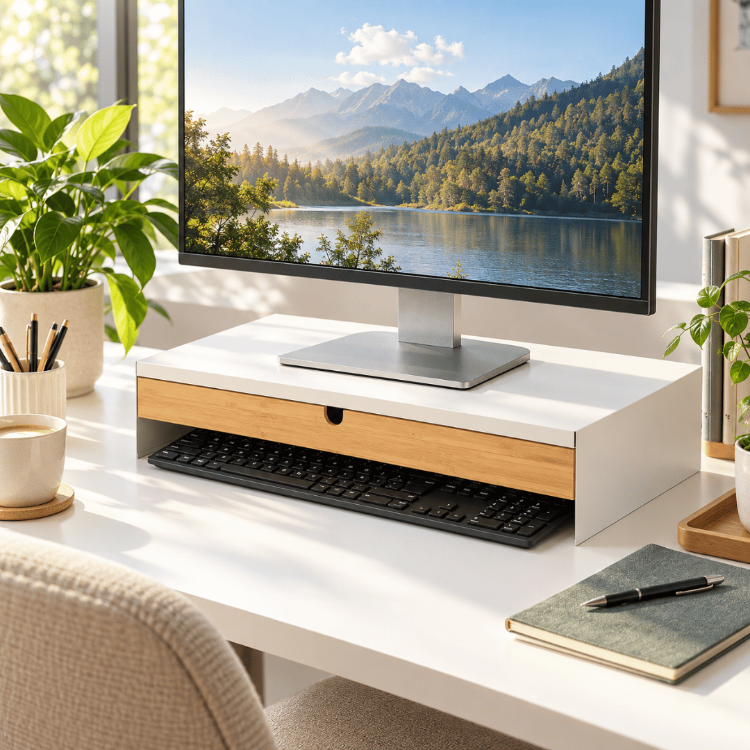 Premium Bamboo Monitor Stand with Drawer Desk Organiser