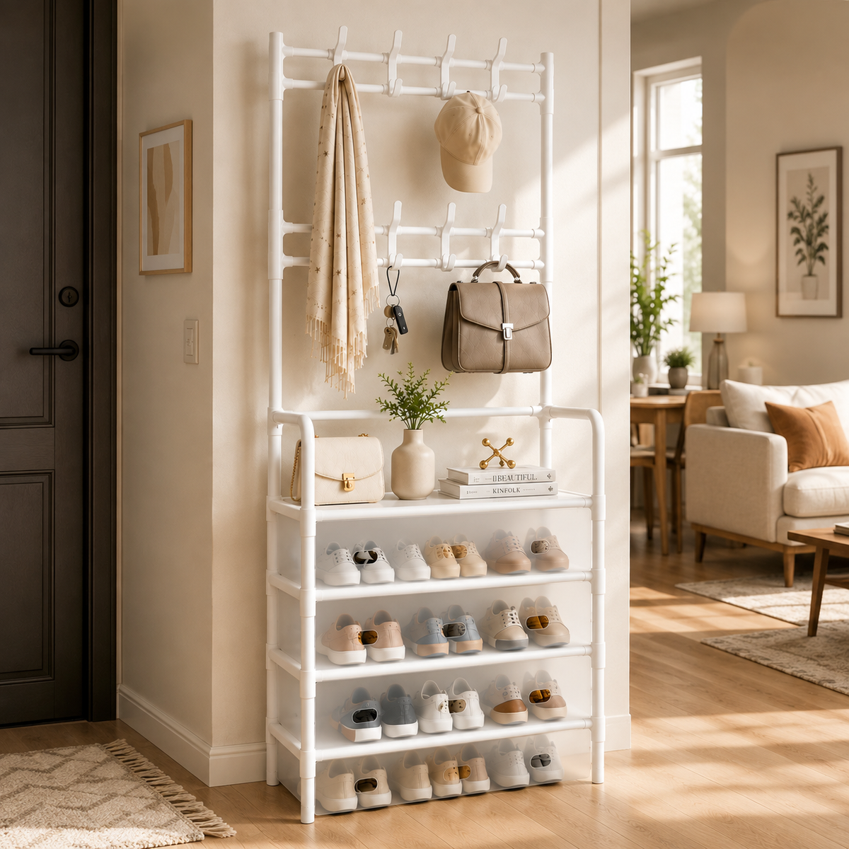 HOMERO 4-Tier Double Row Hooks Coat Rack with Shoe Storage