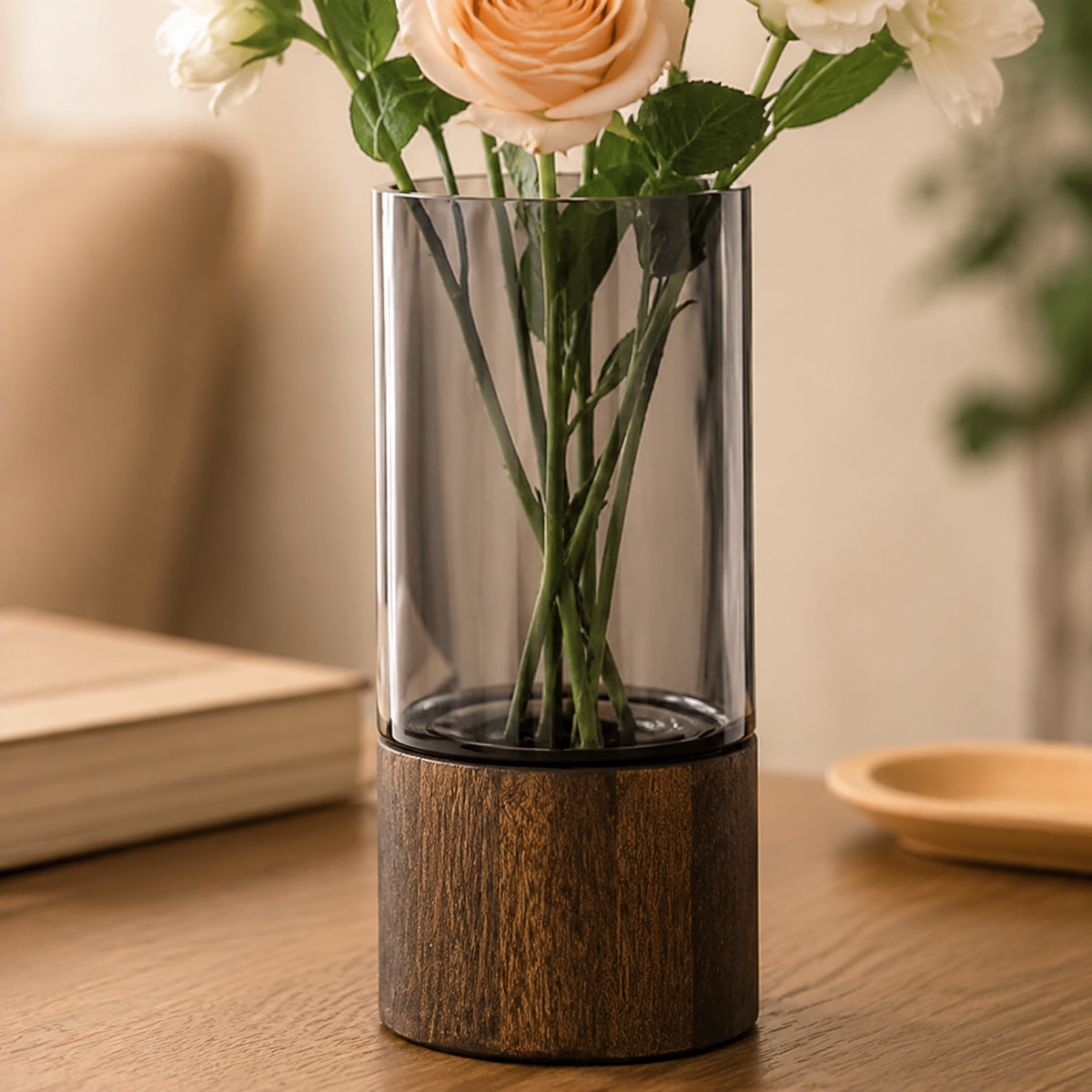 Homero Cylinder Vases with Wooden Base for Home Decor