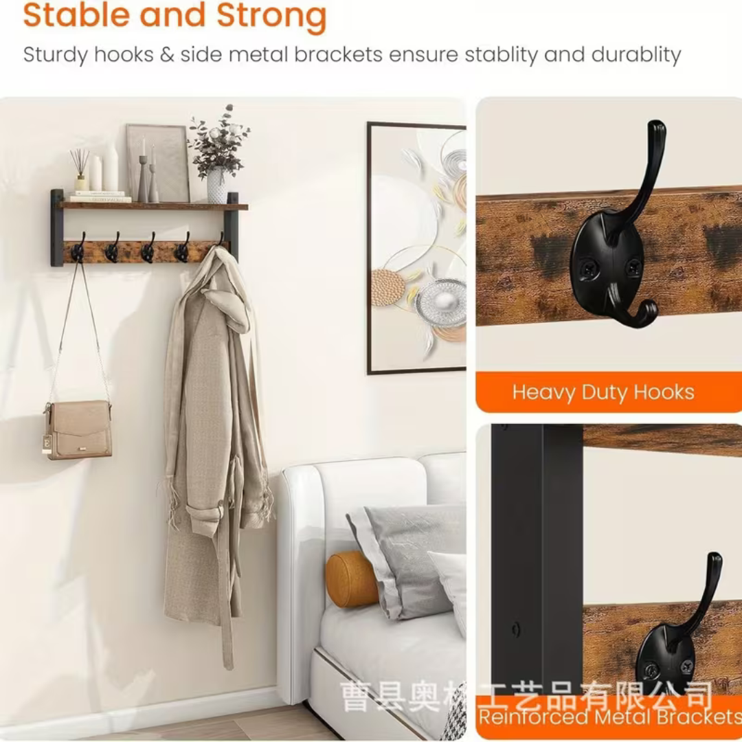 Multipurpose Wooden Wall Hanging Shelf with 5 Strong Metal Hooks