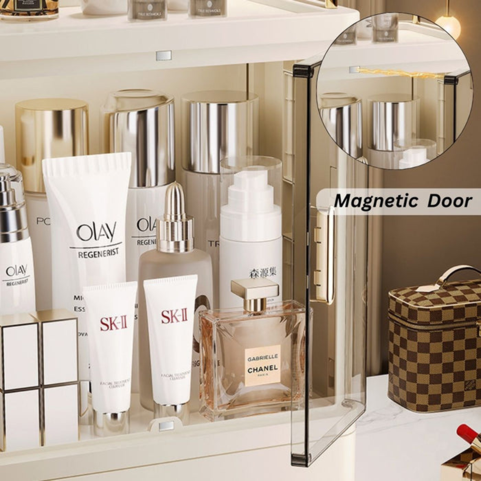 Multipurpose Makeup Organizer Cabinet With Transparent Double Doors And Drawer Storage