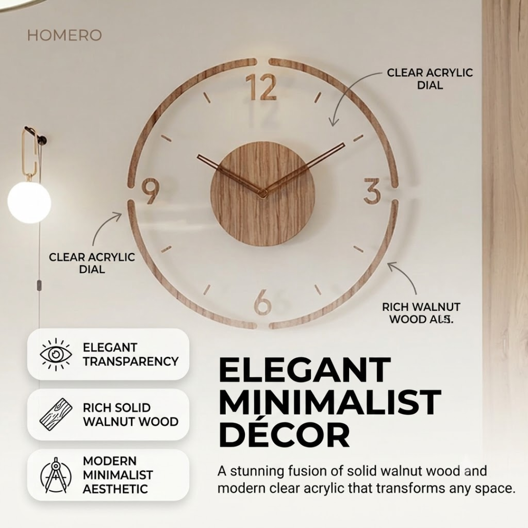 Premium Transparent Acrylic Walnut Wooden Silent Wall Clock