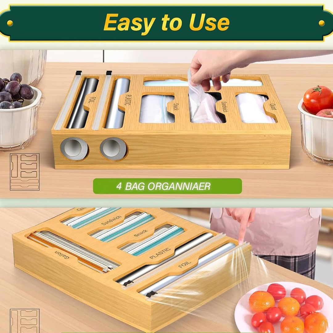 6 in 1 Bamboo Kitchen Storage Organizer with Bag Compartments and Wrap Cutters