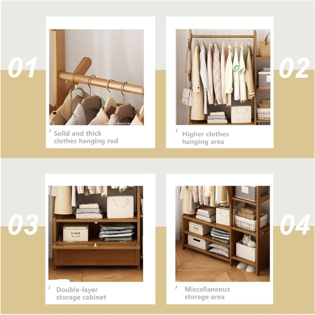 Multi Storage Bamboo Clothes Rack Open Wardrobe with Hanging Rail Shelves