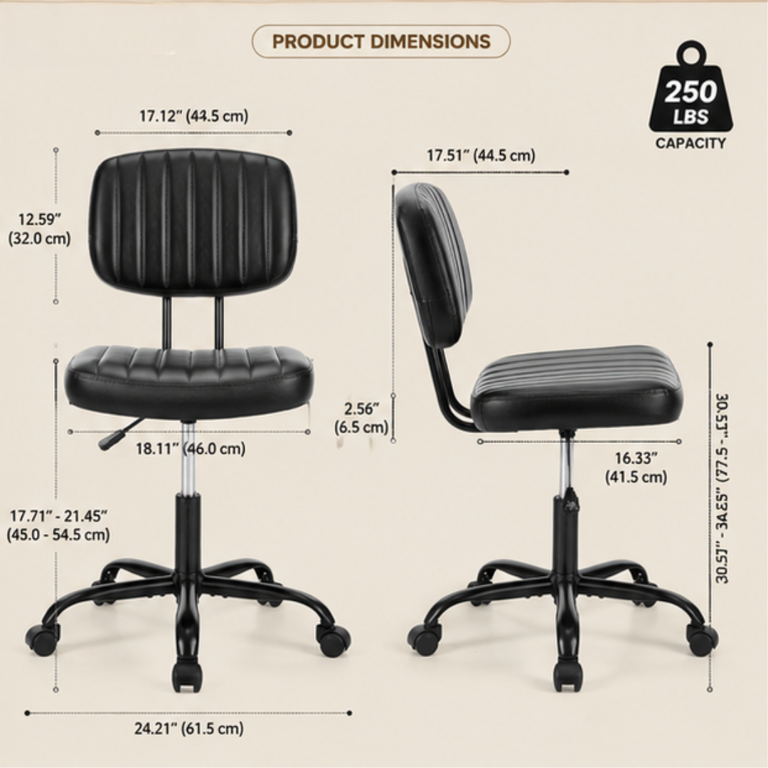 Ergonomic PU Leather Lumbar Support Armless Office Chair with Rolling Base