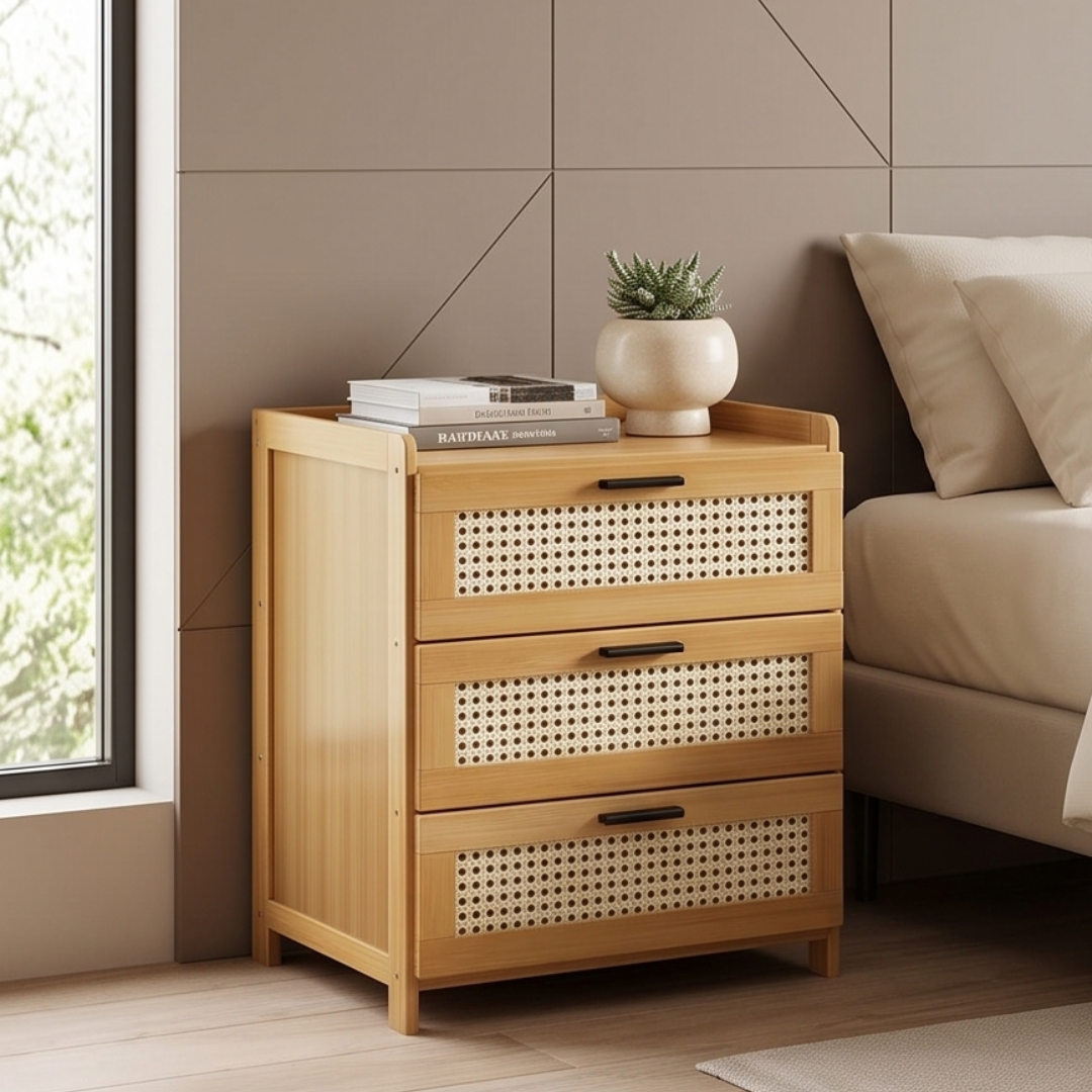 Multipurpose Bamboo Side Table with Three Drawers
