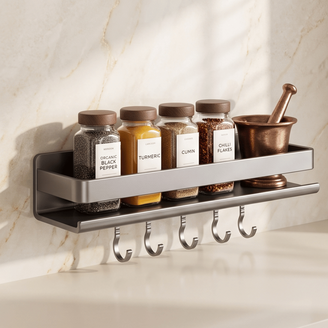 Wall Mounted Kitchen Spice Rack Organizer with Hooks