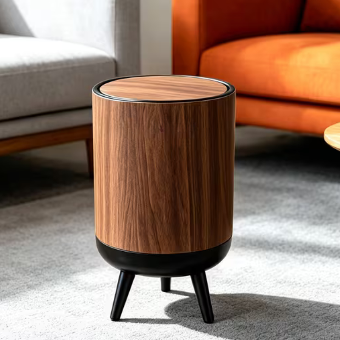 Nordic Style Wooden Grain Elevated Trash Can - 15L Capacity
