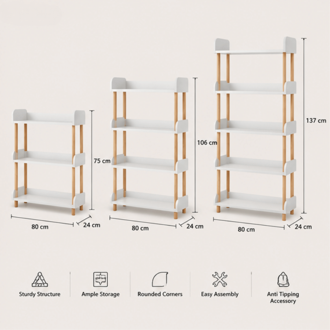 Elegant Floor Standing Display Shelf with Upright Storage and Beech Wood Legs