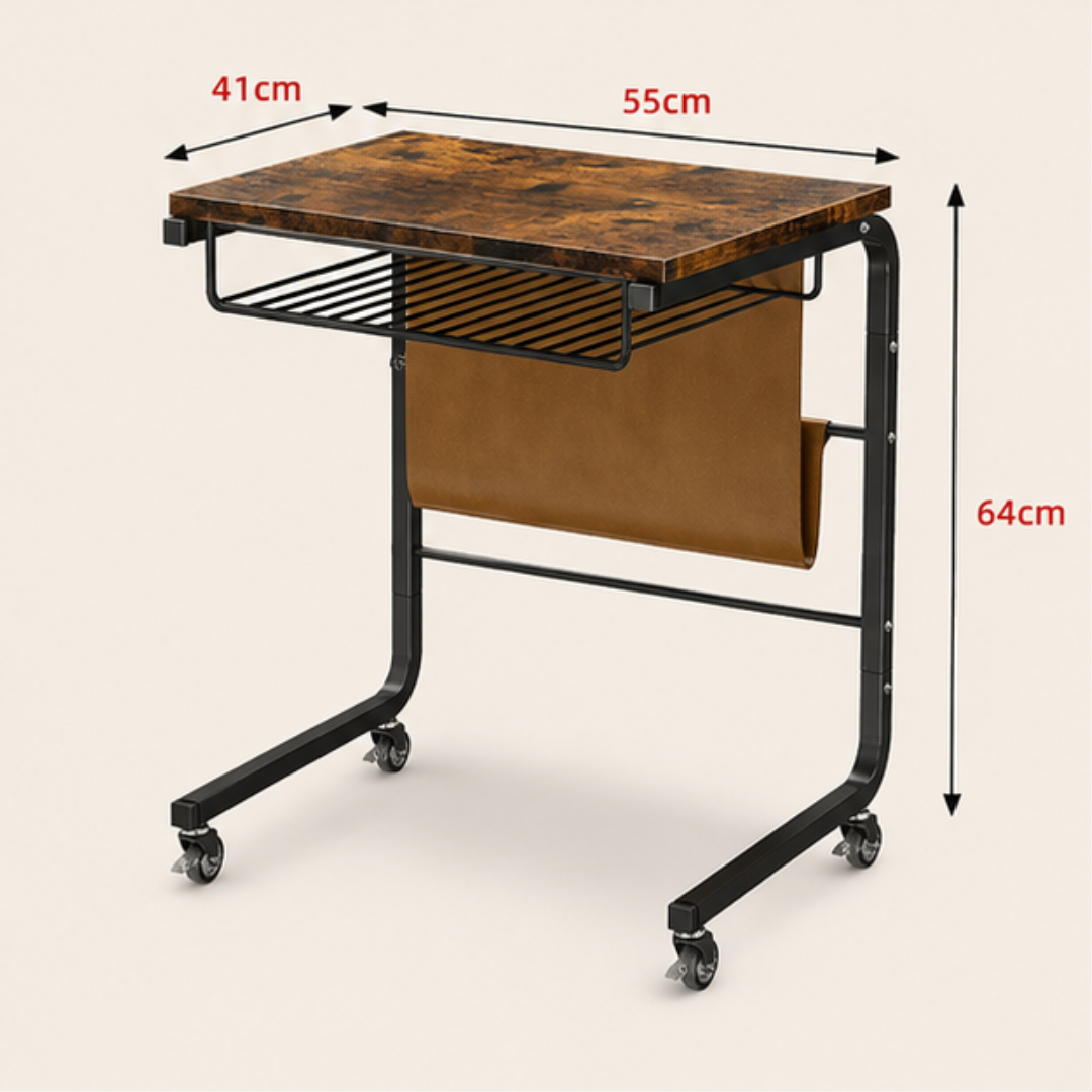 C Shaped Rolling Side Table with Storage Shelf Fabric Pocket and Wheels