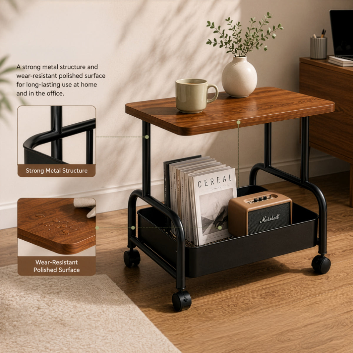 2-Tier Multi Purpose Utility Trolley Table with 360° Wheels