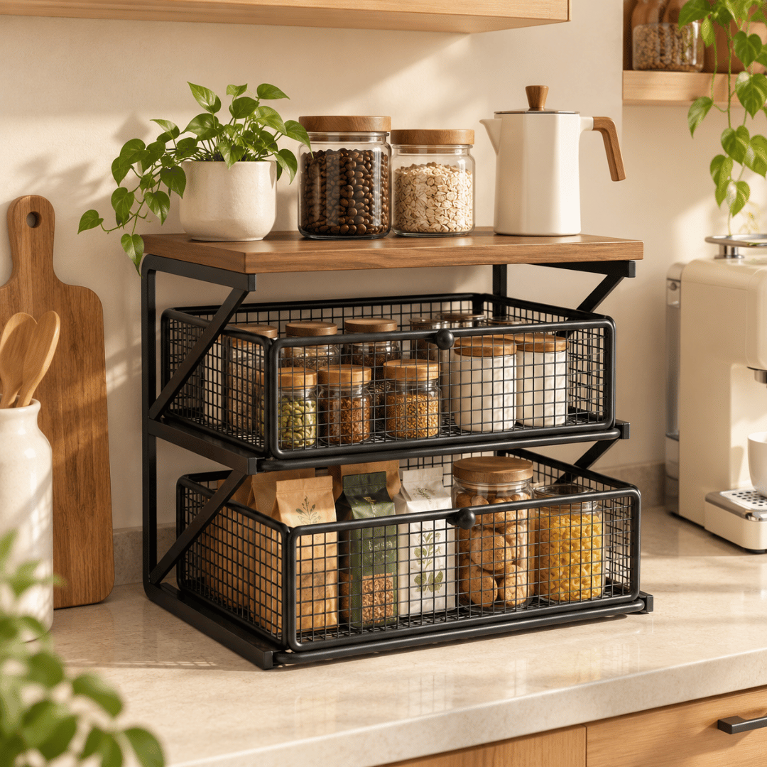 Multi Purpose Wooden Top Organizer with Two Sliding Drawers