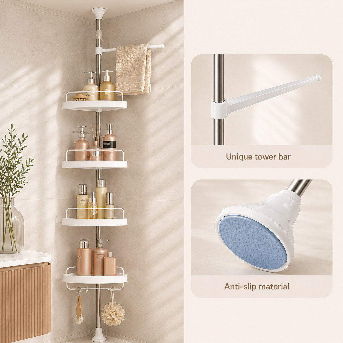 HOMERO Multipurpose Bathroom Rack with Hooks and Towel Bar - 4 Tier