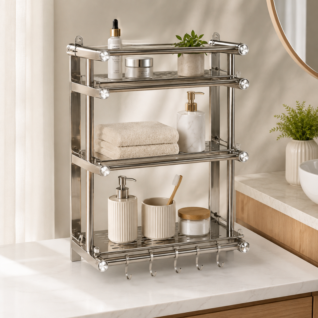 Heavy Duty Stainless Steel Bathroom Storage Rack With Towel Bar