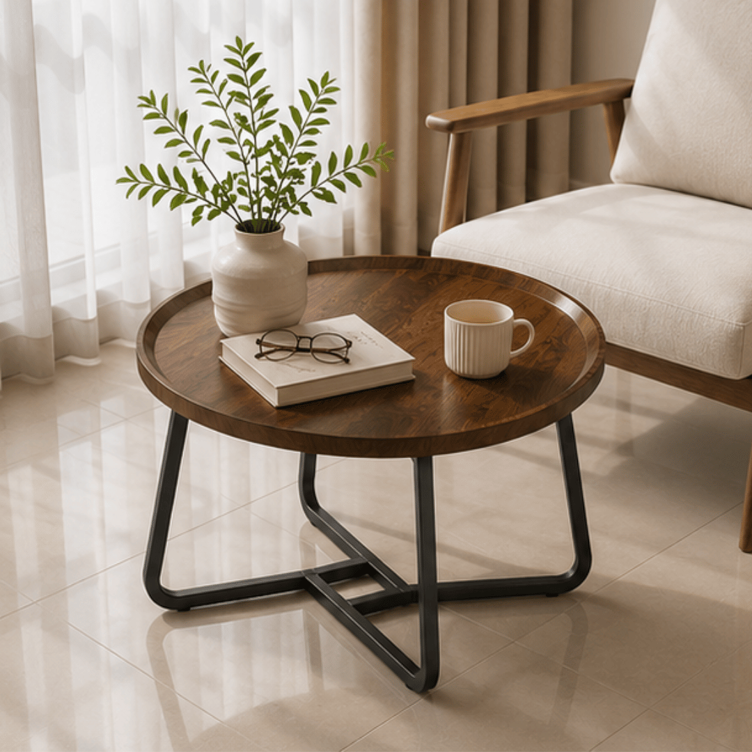 Modern Cocoa Wood Metal Frame Round Coffee Table