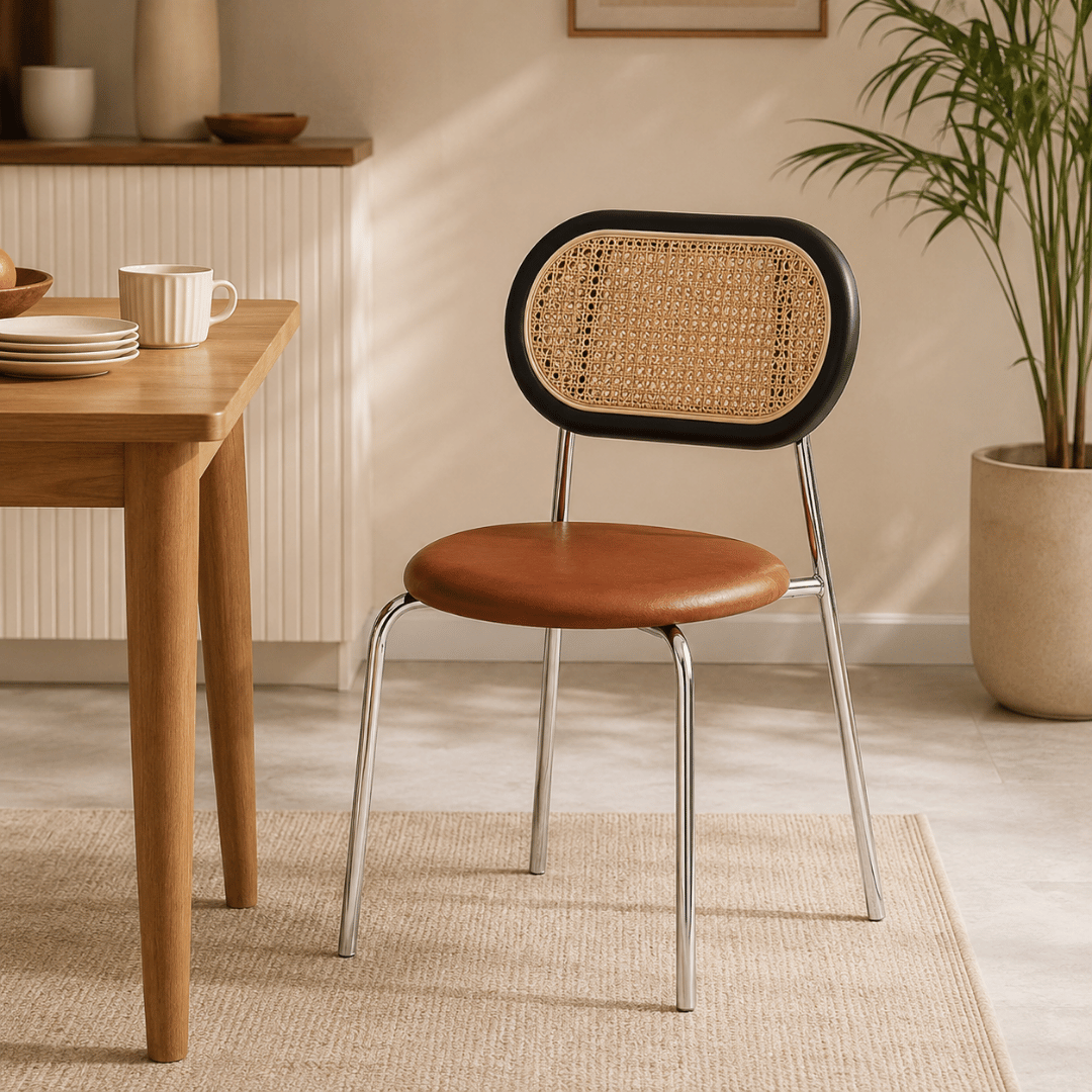 Elegant Rattan Ergonomic Backrest PU Leather Cushion Chair