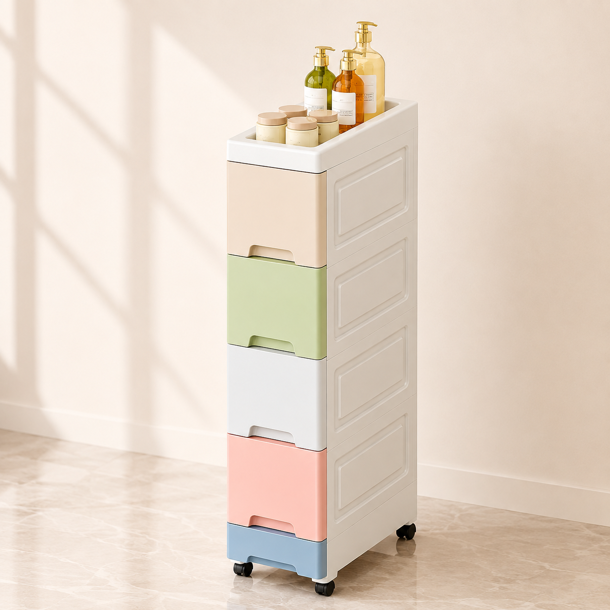 Homero Multi-Purpose Multicolor Slim Storage Cabinet with Wheels