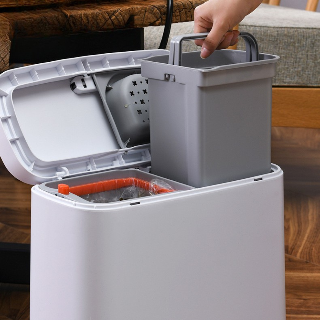 Dual Wet Dry Compartments Waste Bin with Pop Up Lid and Detachable Strainer